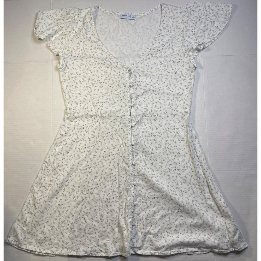 White Floral Button-Front Mini Dress L Cotton Blend Cap Sleeves Dainty Spring
